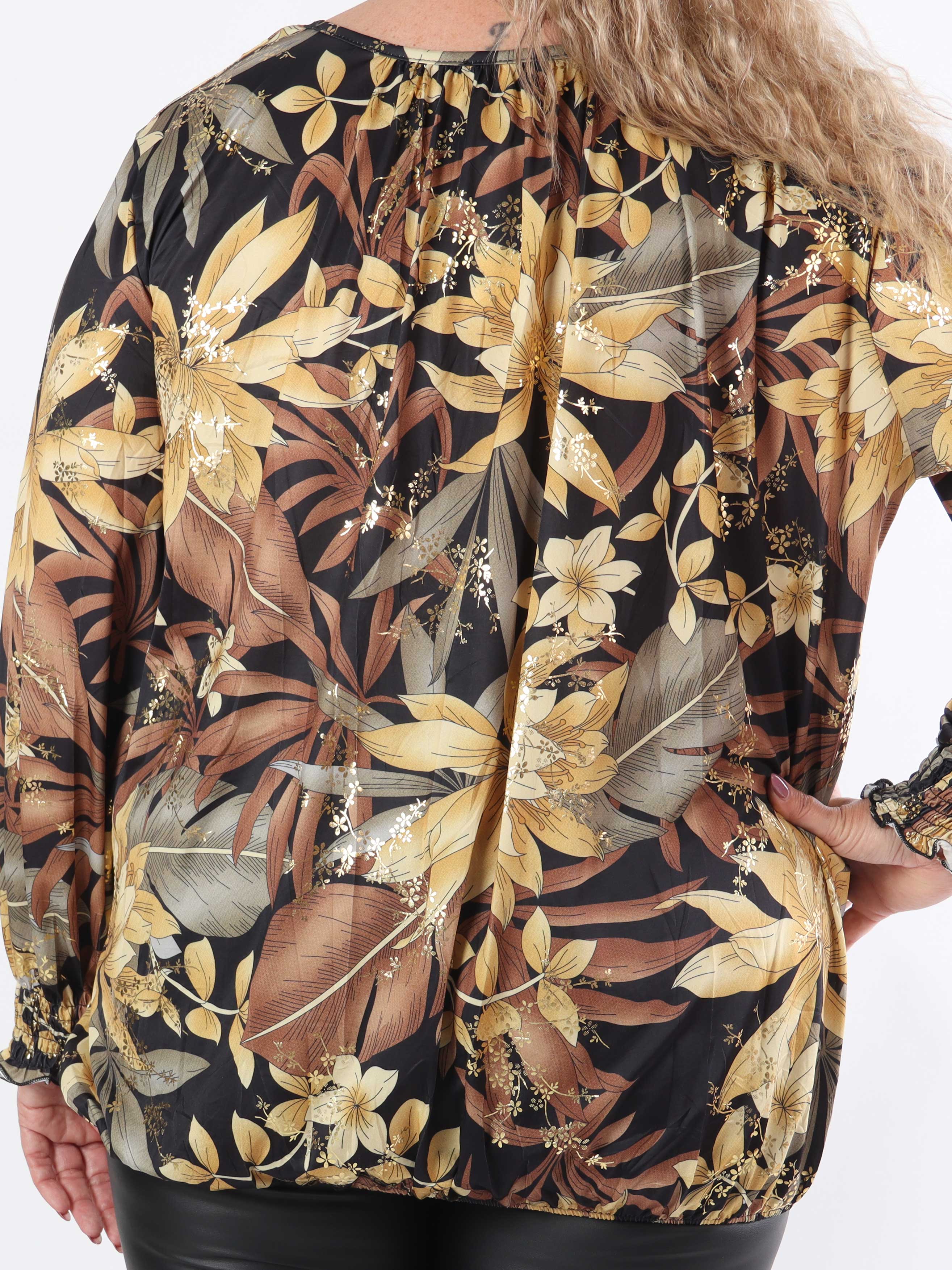Miracle Gold Flower L/S - Blommig elastisk plus size-blus
